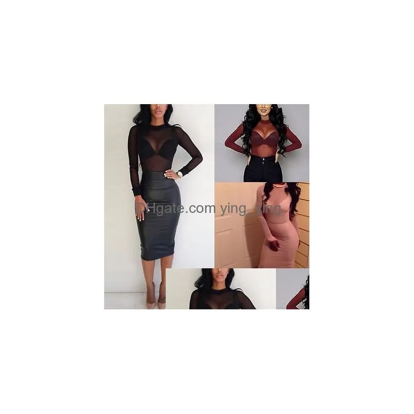 wholesale- fashion women sexy long sleeve mesh shirt casual crop top loose mesh sheer tops t-shirt