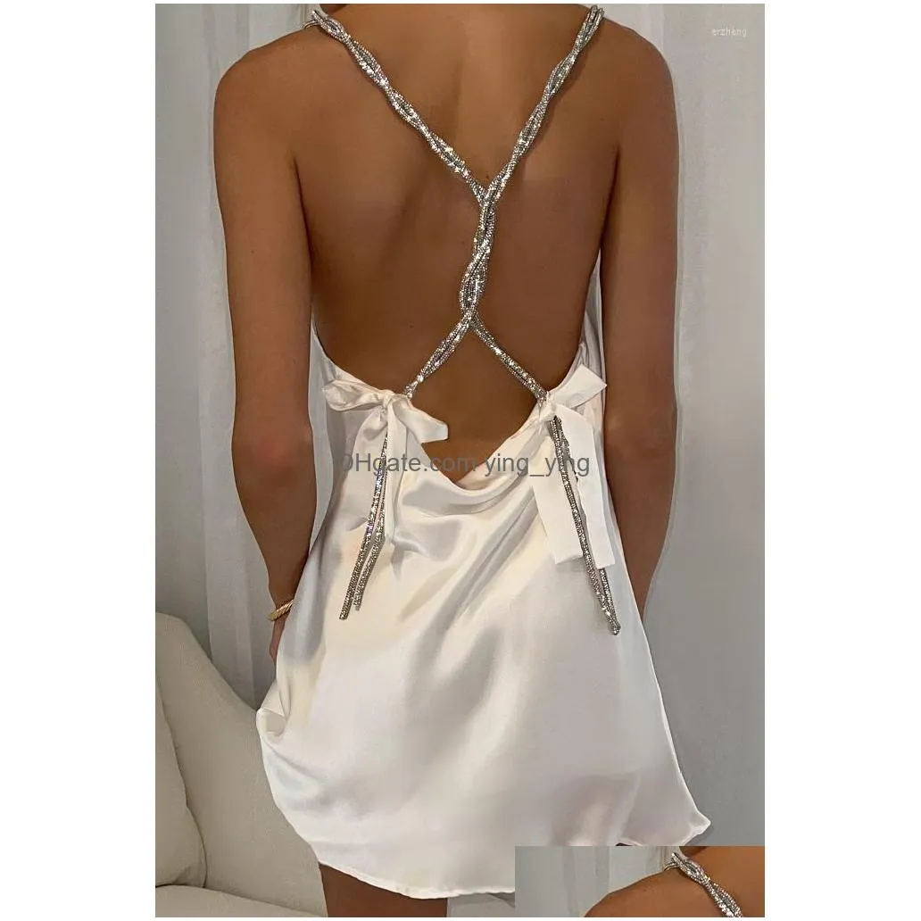 casual dresses women 2023 summer suspender satin large backless drill chain bag buttock dress vestido