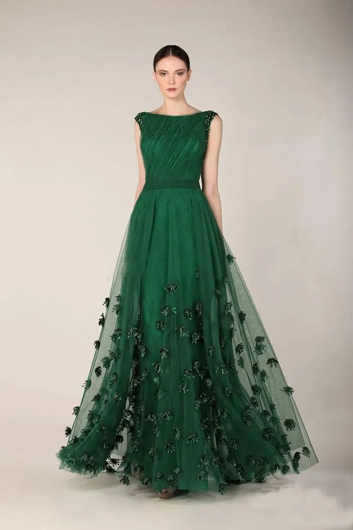 Hot Slae Emerald Green Prom Dresses Evening Gowns Bateau Neckline Cap Sleeves Tulle Appliques Flora Party Dress Formal Party Wear YD