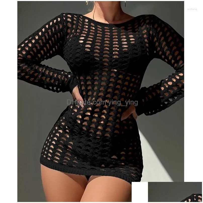 womens swimwear bohemian knitted bikini cover up hollow out sexy tops long sleeve holiday solid beach outputs