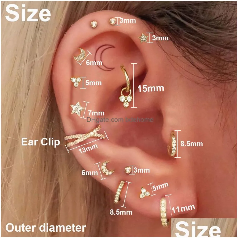 Nose Rings & Studs Nose Rings Studs Helix Tragus Rook Piercing Earring For Women Cartilage Cute Moon Star Conch Clip Zircon Hoop Jewe Dhnoy