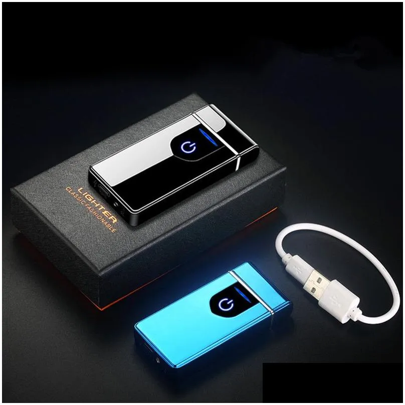 Lighters Windproof Usb Electric Lighter Metal Finger Print Touch Fire Plasma Dual Arc Led Power Display Smoking Supply Mens Gift Drop Otytp