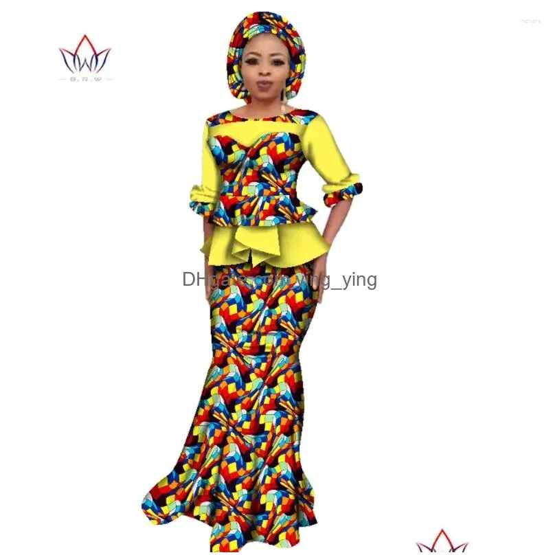 ethnic clothing plus size women two piece set short sleeve bazin riche africa style fashion skirt suit o-neck african outfits wy2394