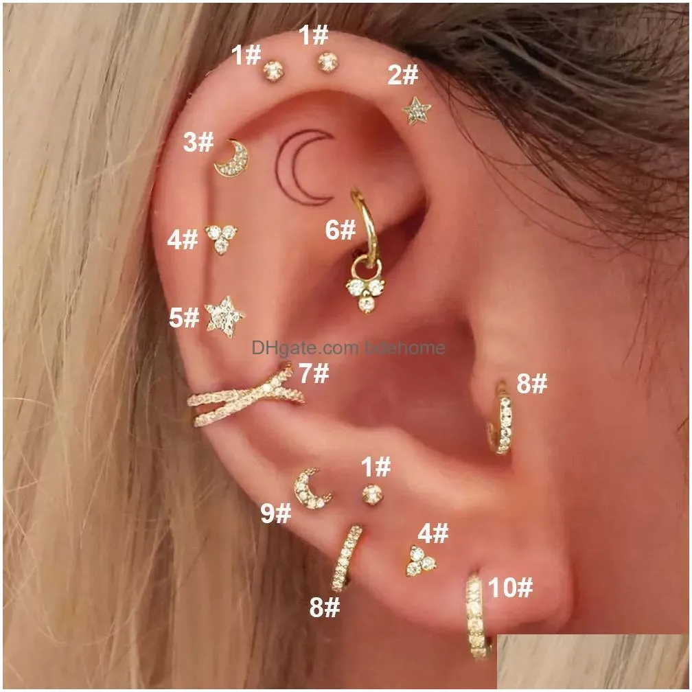 Nose Rings & Studs Nose Rings Studs Helix Tragus Rook Piercing Earring For Women Cartilage Cute Moon Star Conch Clip Zircon Hoop Jewe Dhnoy