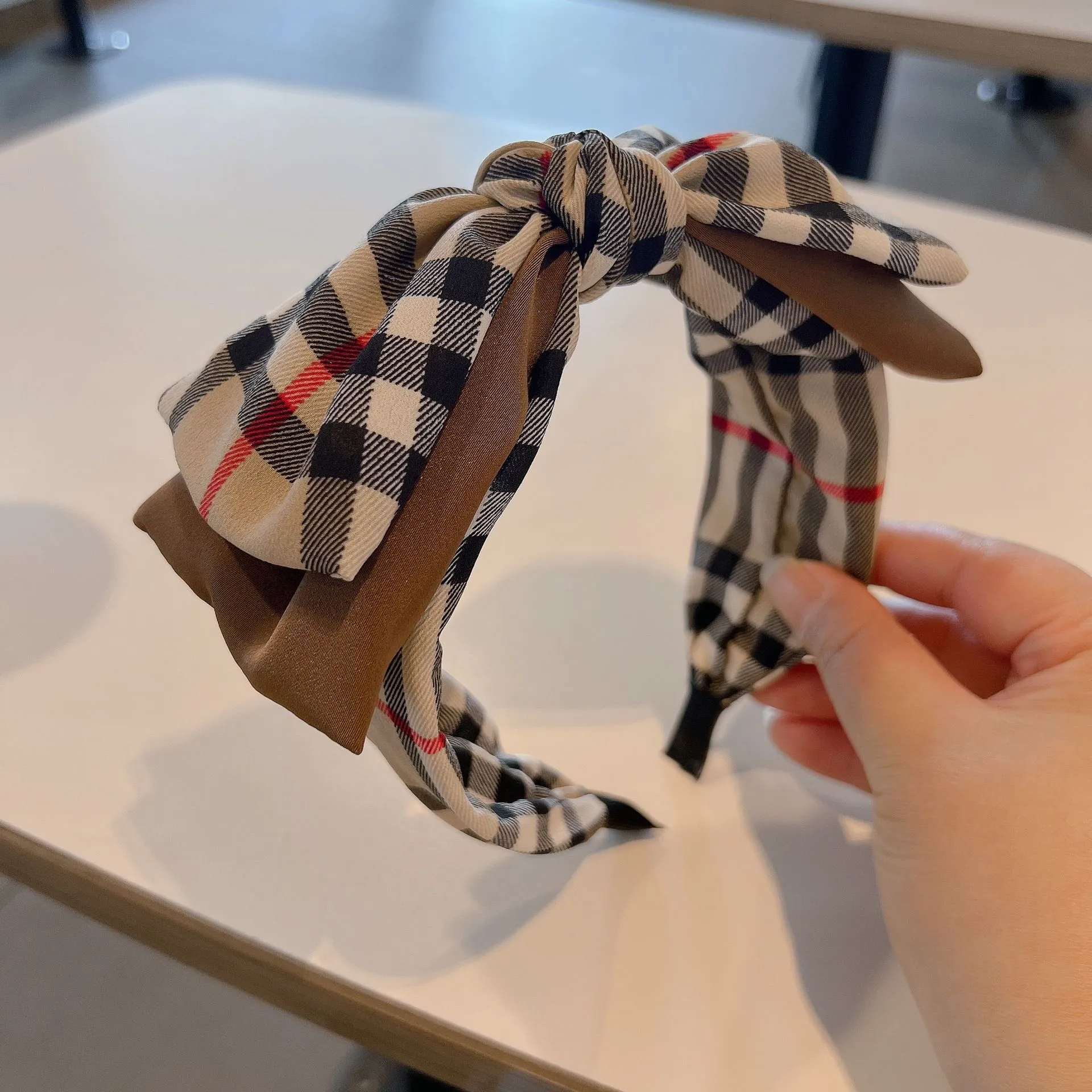 Wholesale Fashion Trend Women`s Headband Striped Plaid B Classic Style Double Layer Large Edition Bow Tie Headband Hairpin