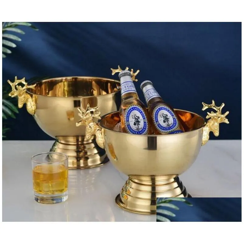 Ice Buckets And Coolers Stock 304 Stainless Steel Deer Head Ear Cooler Gold Sier Champagne Ice Bucket Ic Drop Delivery Home Garden Kit Dhvfh