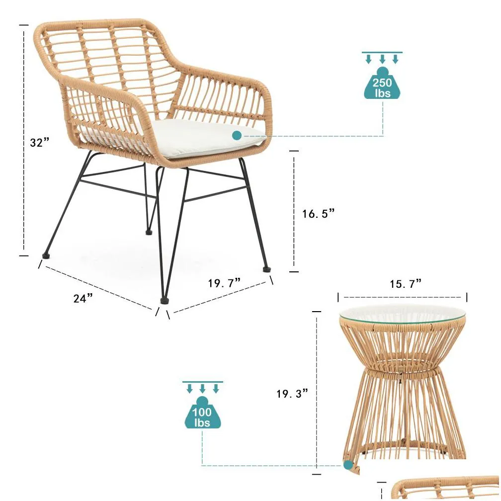 Living Room Furniture Balcony Furniture 3 Piece Patio Set Outdoor Wicker Chairs With Glass Top Table And Soft Cushion Rattan Drop Deli Dhjhd