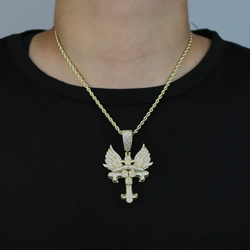 New punk wing pendant necklace plated gold silver color for women men angle wings charm with rope chain cz tennis chains necklaces hip hop