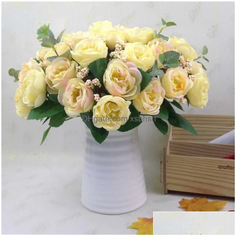  european style 10 head tea roses simulated bouquet wedding silk fabric home decoration with artificial flowers rose camellia bud