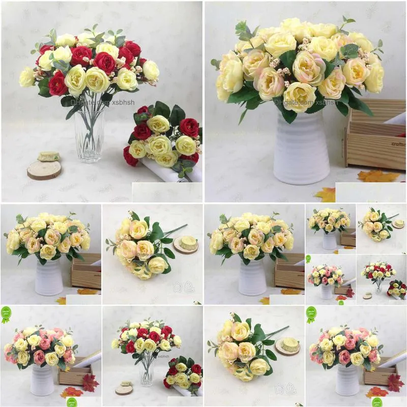  european style 10 head tea roses simulated bouquet wedding silk fabric home decoration with artificial flowers rose camellia bud