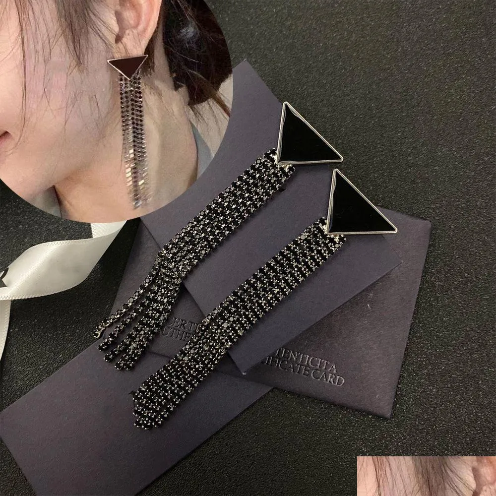 Stud Stud Women Fashion Brand black stud earrings Triangle Long Tassel Chain Dangle Drop Ear studs Have Stamps Eardrop Earrings For Lady Luxury Designer Jewelry