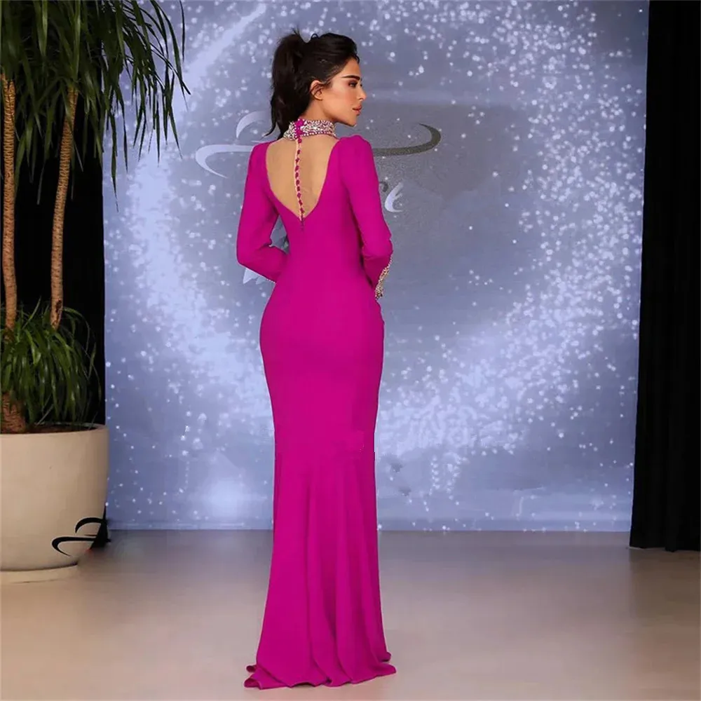Indigo Prom Dresses Mermaid 2024 Long Sleeve Open Back Split High Collar Floor-Length Elegant Evening Gown For Women