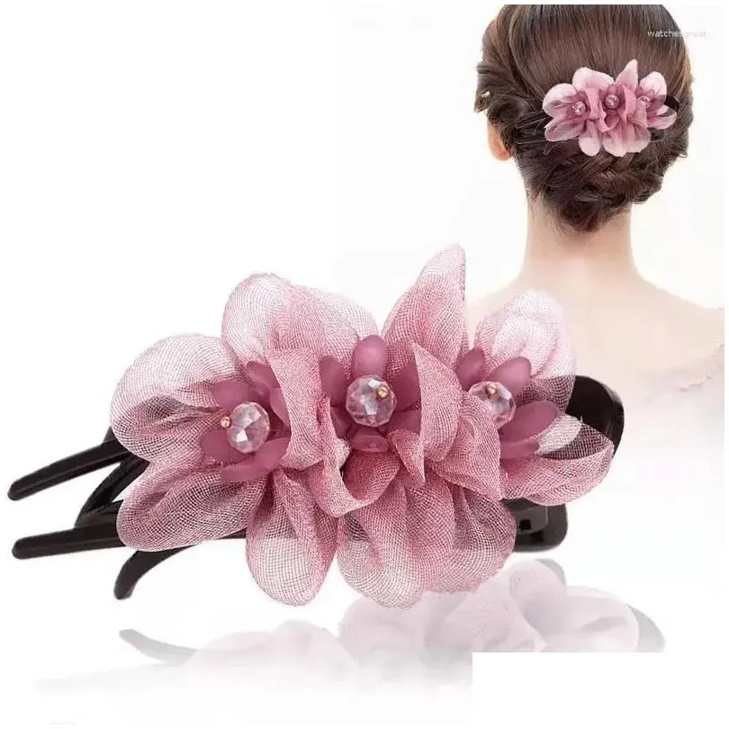 Hair Clips Fashion Silk Yarn Flower Hairpin Accessories For Women Retro Elegant Duckbill Clip Headwear Mom Jewelry Tiara Holiday Gift