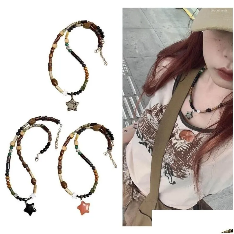 Chains Chinese Natural Beaded Necklace Long Round Flat Bead Choker Chain Unique Star Clavicle Women Girl Teen