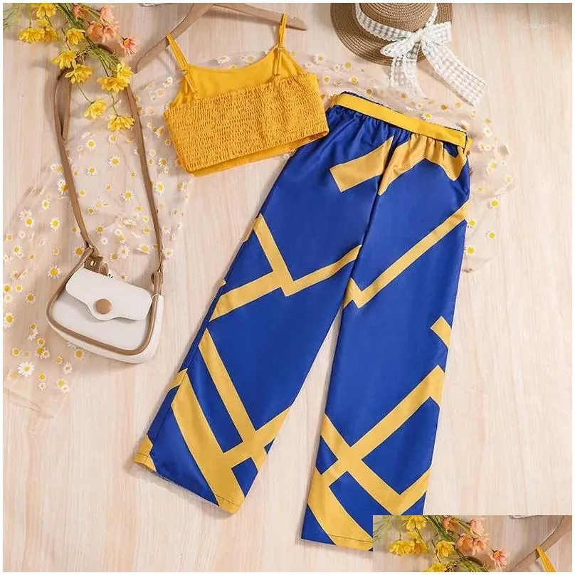 Clothing Sets 2024 Child Clothes Sleeveless Tops Patchwork Blue Trousers 2 Piece Designer Girls Set 8-12T