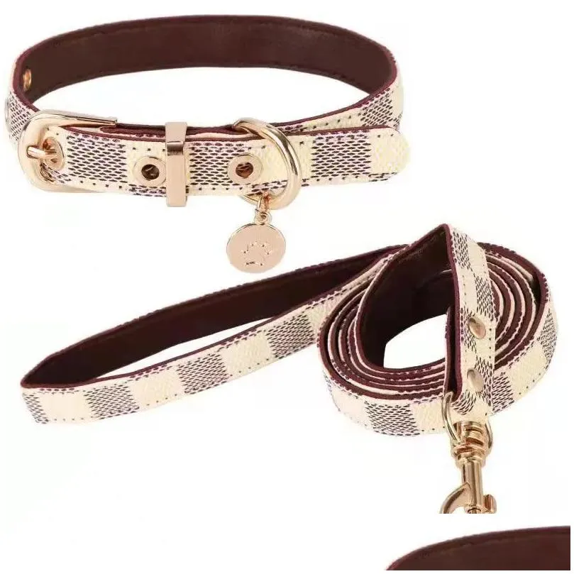 Dog Collar Leash set Classic Presbyopia Designer Letters Pattern Print Leashes PU Leather Fashion Casual Adjustable Dogs Cats Neck Strap Cute Pet