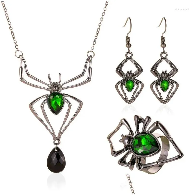 Necklace Earrings Set Exaggerate Jewelry Retro Spider Pendant Geometric Metal Green Crystal Dangle Women Cool Halloween