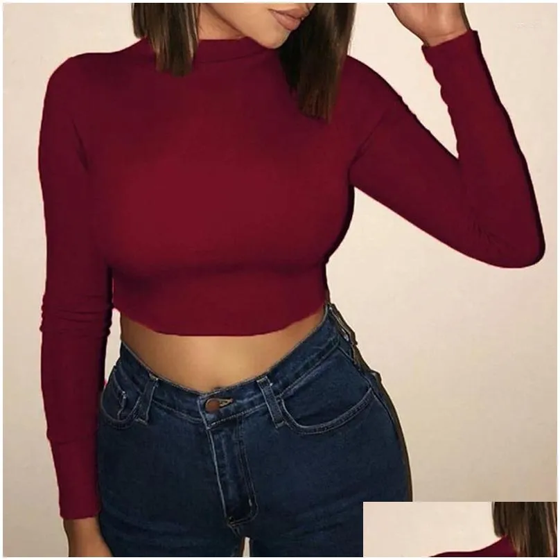 Women`s T Shirts Women Sexy Short T-Shirts Silm Fit Solid Color Crop Tops Autumn Female Basic Tees Fashion Long Sleeve Comfortable