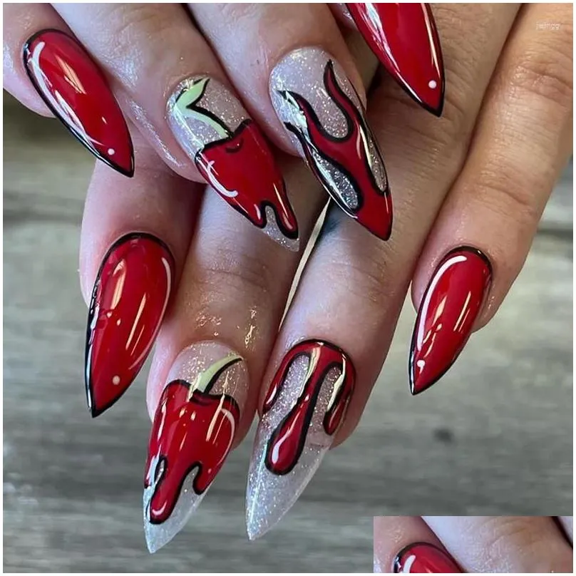 False Nails Red Flame Pattern Fake Sweet Cool Almond Artificial Nail Patch Fashion  Printed Full Cover Stick On Tips 24pcs