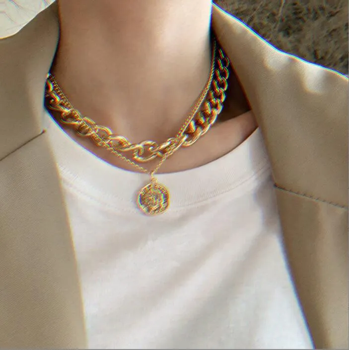 17km vintage gold color coin necklaces for women multi-layer chain metal fashion choker portrait chunky necklace jewelry 2023