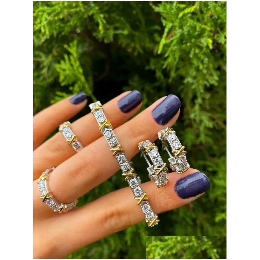 New two tone plated hoop earring paved 5A cz stone for women lady high quality x shape earrings rings jewelry set wholesale