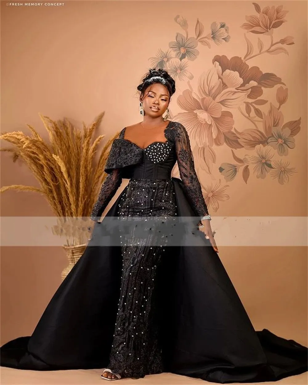 2024 Sexy Prom Dresses Jewel Neck Illusion Black Lace Crystal Beads Mermaid African Plus Size Satin Floor Length Evening Gowns Overskirts Long Sleeves