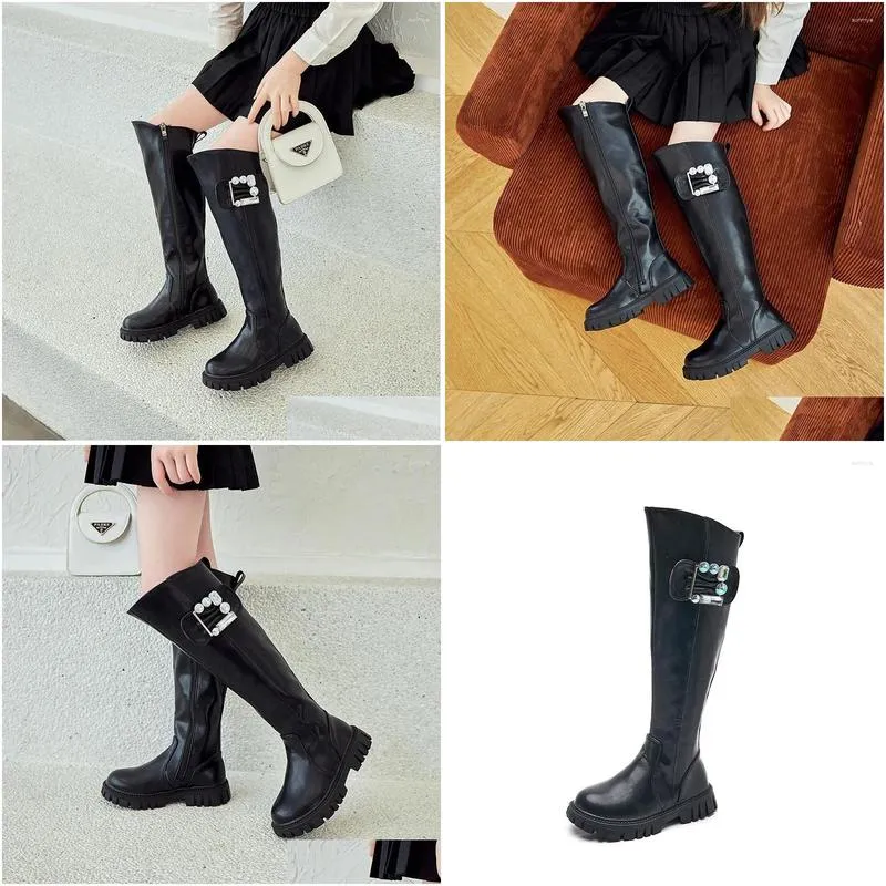 Boots Girls Over-the-knee Children Shoes 2024 Trend Rhinestone For Students Knee-high Leather