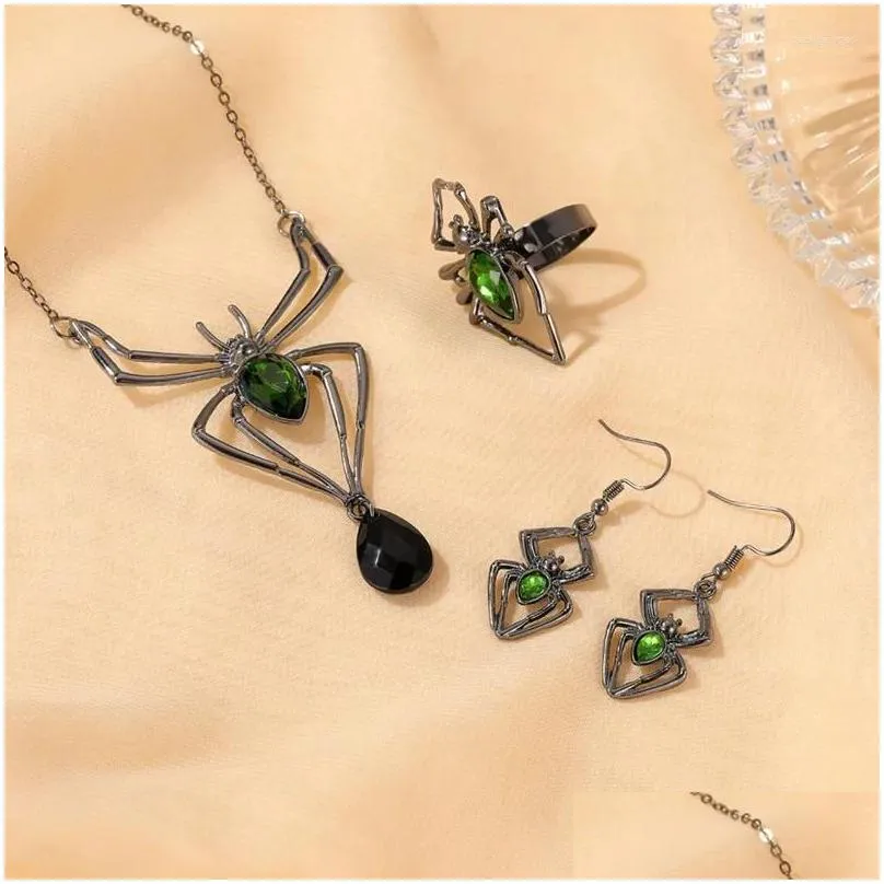 Necklace Earrings Set Exaggerate Jewelry Retro Spider Pendant Geometric Metal Green Crystal Dangle Women Cool Halloween