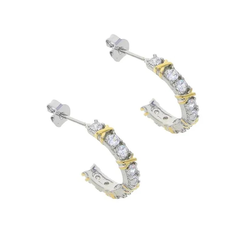 New two tone plated hoop earring paved 5A cz stone for women lady high quality x shape earrings rings jewelry set wholesale