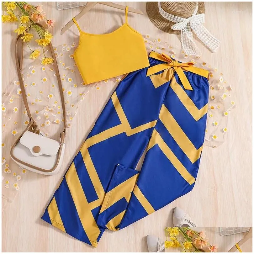 Clothing Sets 2024 Child Clothes Sleeveless Tops Patchwork Blue Trousers 2 Piece Designer Girls Set 8-12T