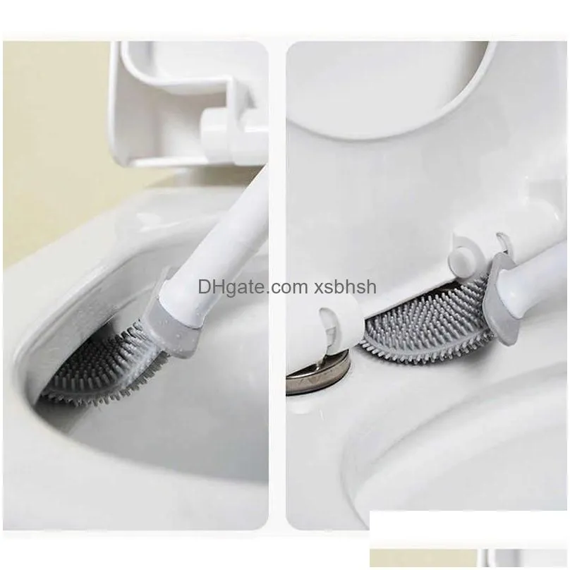  bathroom toilet brush water leak proof with base silicone wc flat head flexible soft bristles brush quick drying holder set