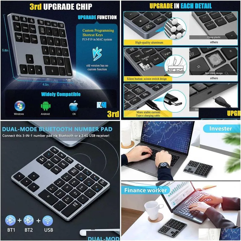 Wireless Number Pad Rechargeable Bluetooth Numeric Keyboard For  Windows 35-Keys Aluminum Numpad Keypad For Accountants HKD230825.