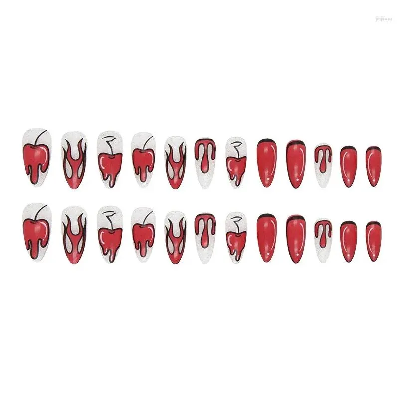 False Nails Red Flame Pattern Fake Sweet Cool Almond Artificial Nail Patch Fashion  Printed Full Cover Stick On Tips 24pcs