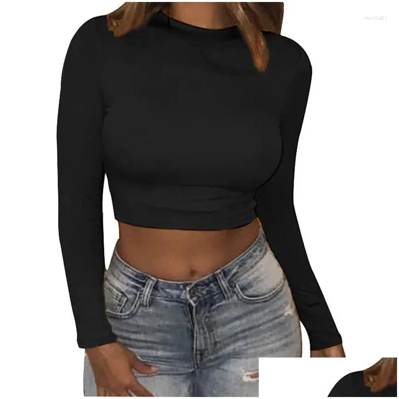 Women`s T Shirts Women Sexy Short T-Shirts Silm Fit Solid Color Crop Tops Autumn Female Basic Tees Fashion Long Sleeve Comfortable