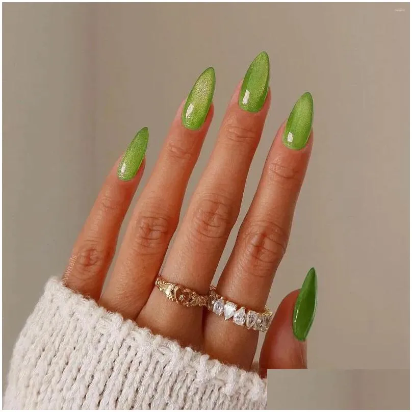 False Nails Green Cat-Eyes Almond Reusable Wearable Long Fake For DIY Nail Art Decorations Salon