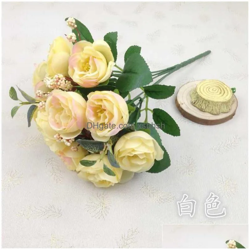  european style 10 head tea roses simulated bouquet wedding silk fabric home decoration with artificial flowers rose camellia bud