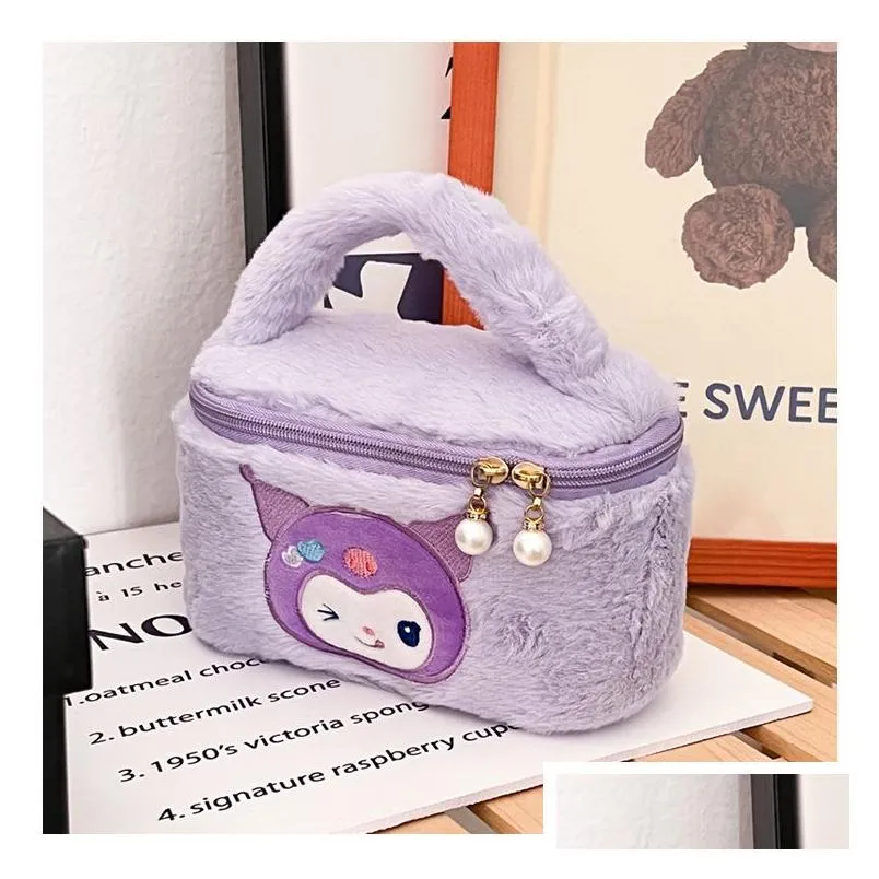 Girls Fuzzy Cosmetics Zipper handbag Girl Kuromi Melody Casual Princess Accessories bags big Capacity