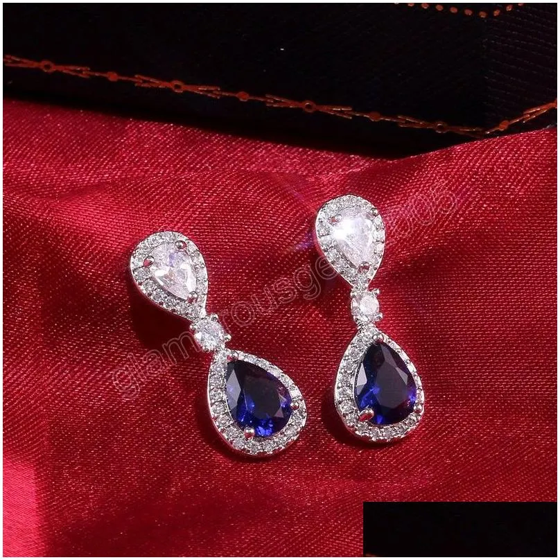 Fashion Luxury Blue/White Pear CZ Drop Earrings New Engagement Wedding Ear Accessories For Women Fancy Anniversary Gift