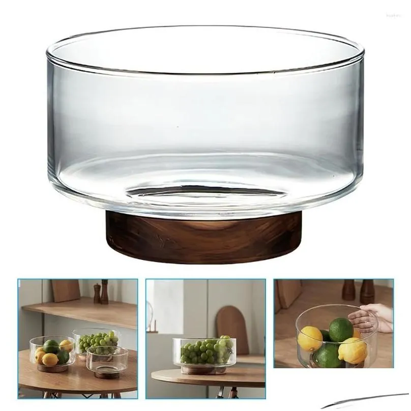 Dinnerware Sets Cabilock Home Decor Glass Fruit Bowl Japanese Style Salad Container Snack Dessert Holder Wooden Base Kitchen