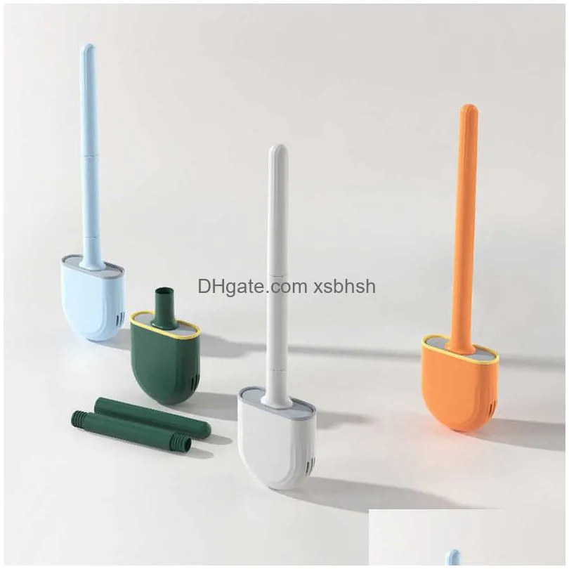  bathroom toilet brush water leak proof with base silicone wc flat head flexible soft bristles brush quick drying holder set