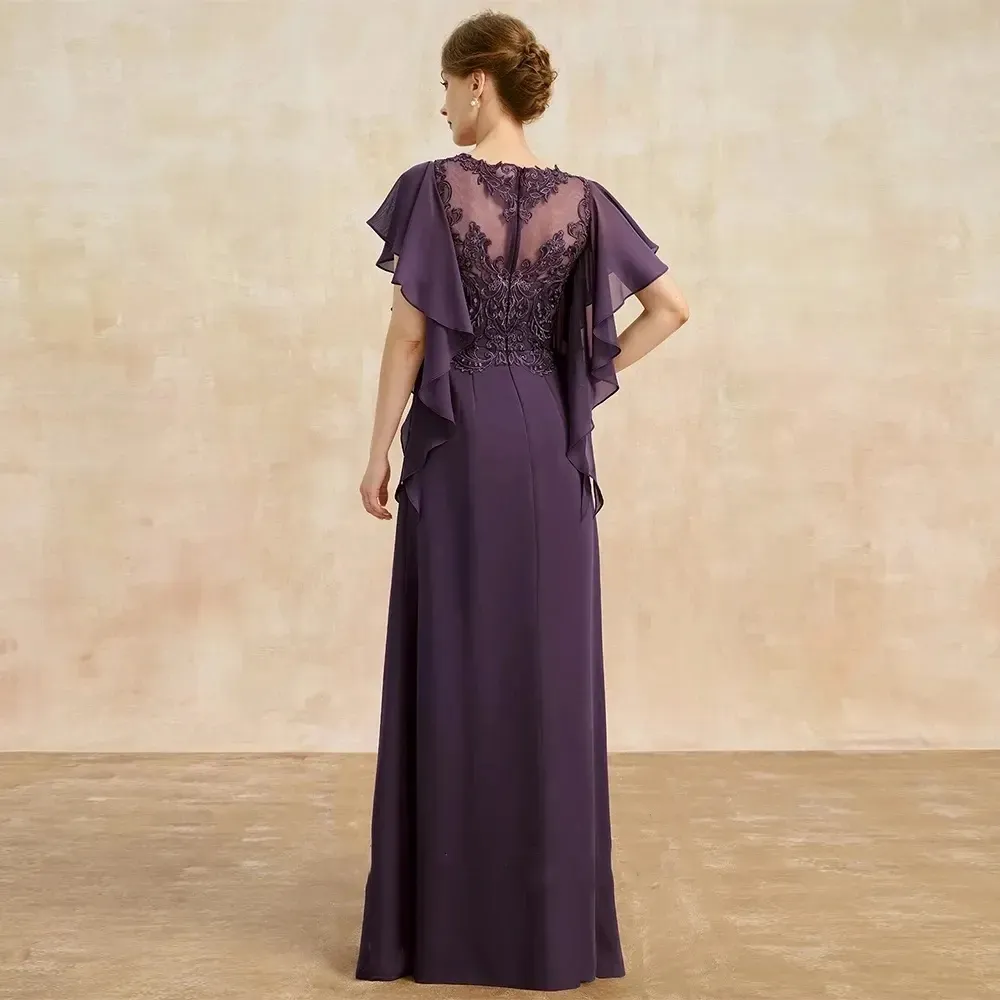 2024 Grape Vintage Purple Mother of Bride Dress Jewel Lace Appliques Short Sleeves Chiffon A-line Party Gowns YD