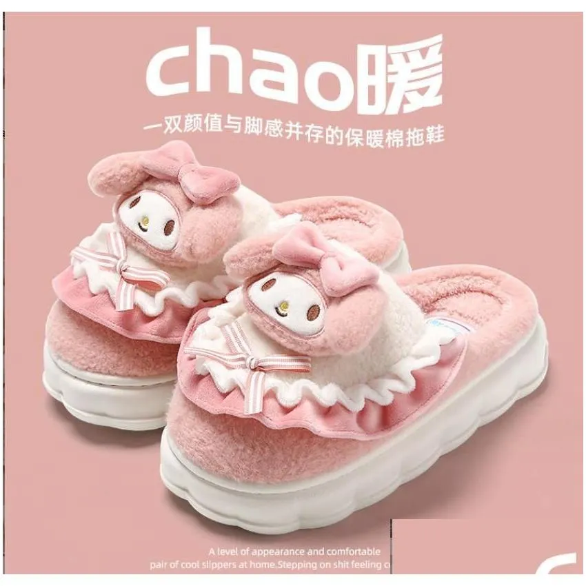 Ins Fashion Cartoon Cute Kuromi Melody Cinnamoroll Plush Slipper Home Warm Plush Slipper Festival Gift Size 35-40