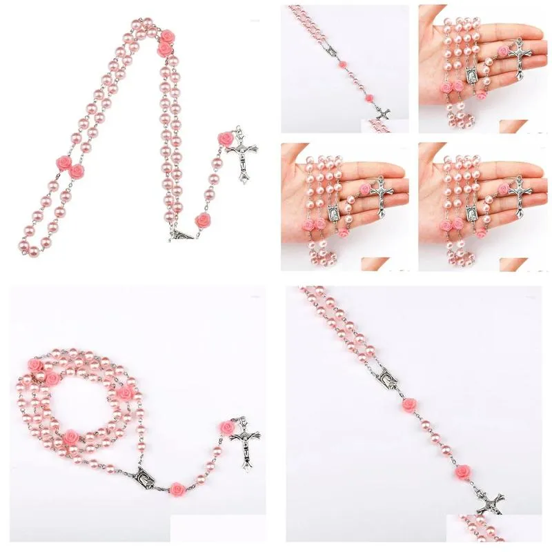 Pendant Necklaces Relin Cross Rosary For Women Colorf Soft Y Beads Long Chain Virgin Mary Jewelry Drop Delivery Otbtk