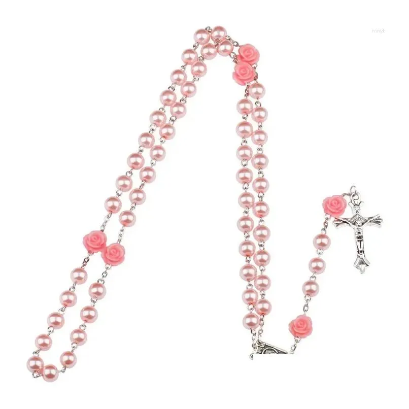 Pendant Necklaces Relin Cross Rosary For Women Colorf Soft Y Beads Long Chain Virgin Mary Jewelry Drop Delivery Otbtk