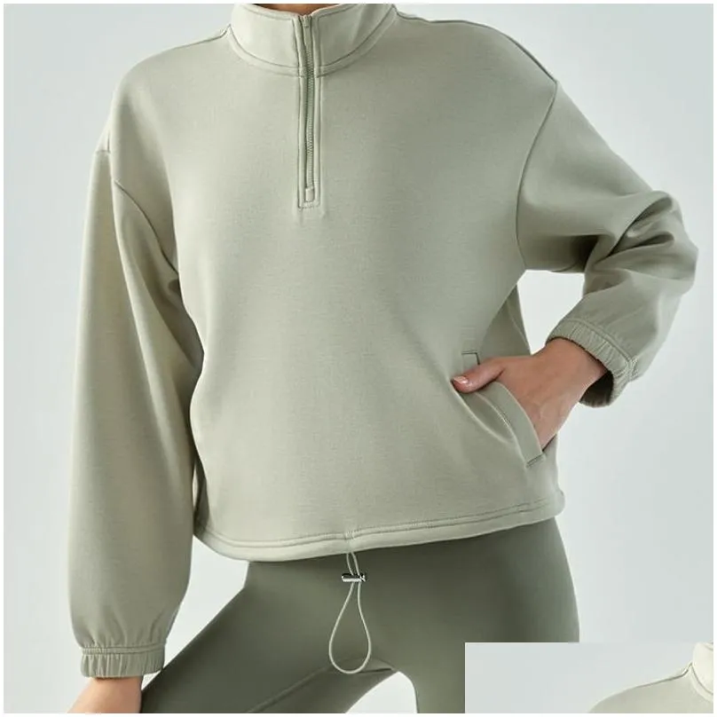 AL Yoga Sweatwear Long Sleeved Jacket Pullover Windproof Mock Neck Sweater Air Layer Half Zip Sweatshirts Fitness Tops Womens Loose Casual Slimming