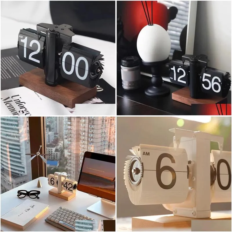 Desk Table Clocks Creative Automatic Page Turning Clock Retro Living Room Tabletop Decoration Home Digital Mechanical Seat Clocks Birthday Present