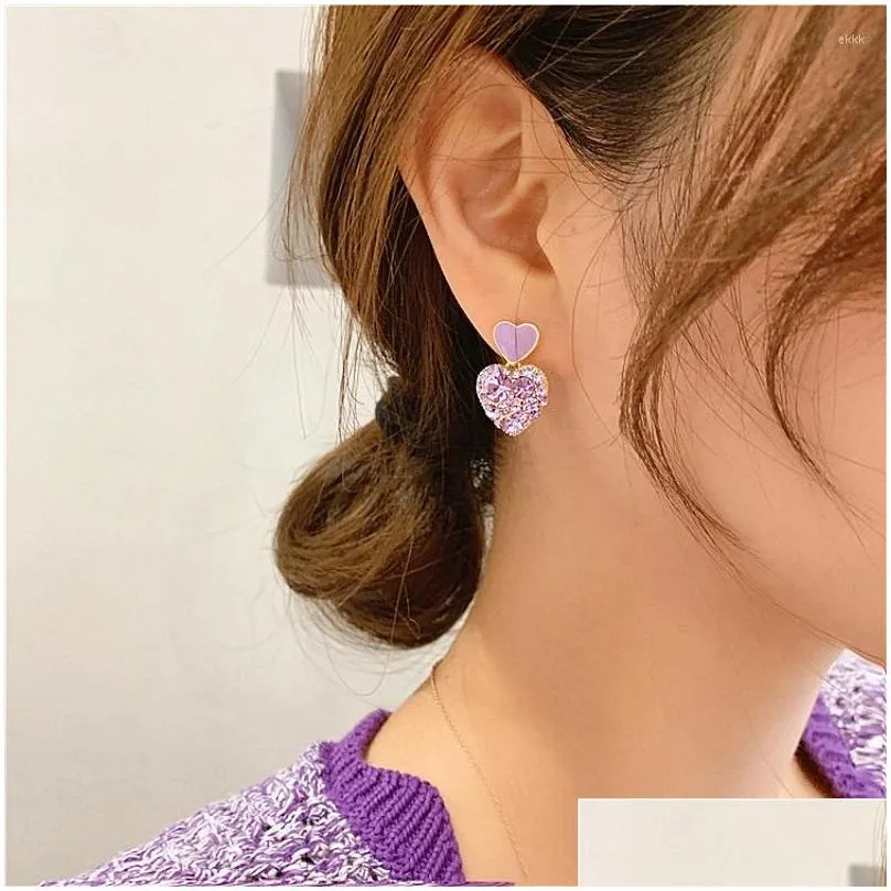 Stud 2022 Stud Earrings Sweet Style Autumn And Winter Net Red Paragraph Rhinestone Purple Love Ear Geometric Diamond Girl Drop Delive Otopv