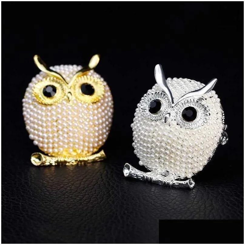 Pins, Brooches Owl Brooch Pearl Pins Sier Gold Bird Brooches Business Suit Dress Tops Cor For Women Men Fashion Jewelry Will And Drop Dhtpg