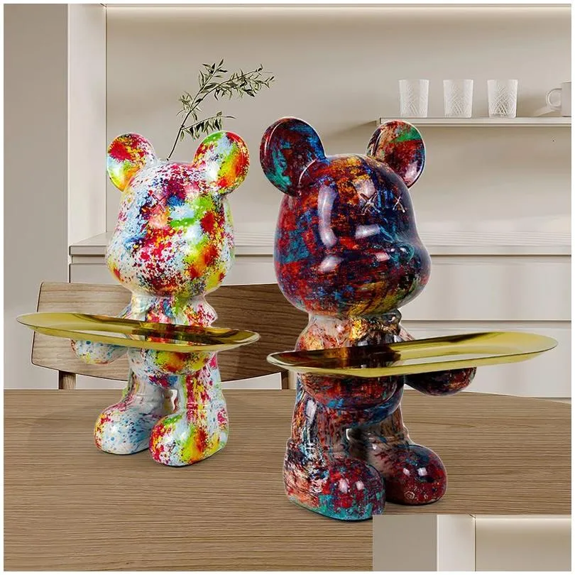 Decorative Objects Figurines Bear statue with tray storage animal handicraft resin sculpture keys sundries snacks table top decorations