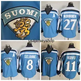 Hockey Jersey Mens Vintage 11 SAKU KOIVU 1998 Team Finland s SUOMI 27 TEPPO NUMMINEN 8 TEEMU SELANNE Light Blue M-XXXL
